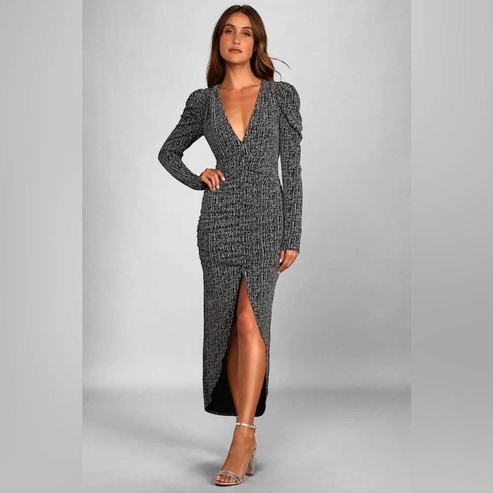 Lulus New Party Glam Metallic Silver Long Sleeve Ruched Midi Dress Women’s XS